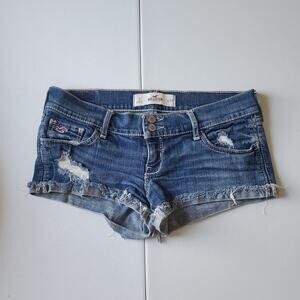 Y2K Hollister Micro Shorts Jr 5 Blue Distressed Denim Cutoff Frayed Hem Low Rise